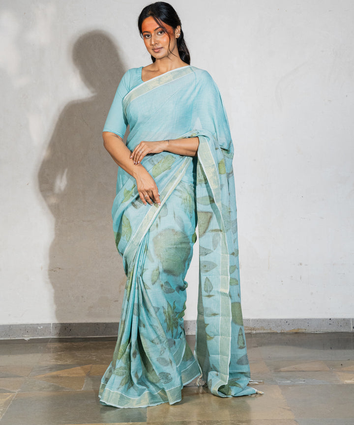 Soft indigo blue dyed liquid extracts of indigo cotton printed saree