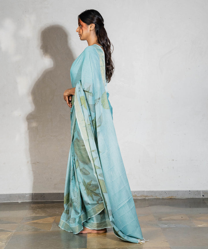 Soft indigo blue dyed liquid extracts of indigo cotton printed saree