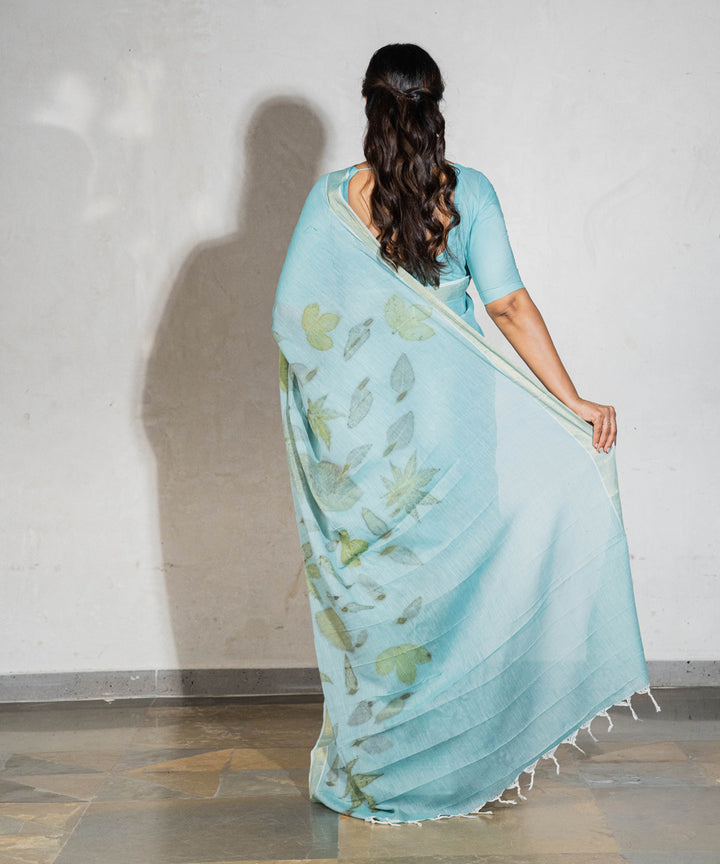 Soft indigo blue dyed liquid extracts of indigo cotton printed saree