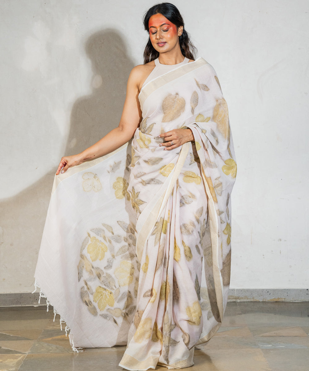 Soft milky pink hand dyed manjeestha roots cotton bio print saree