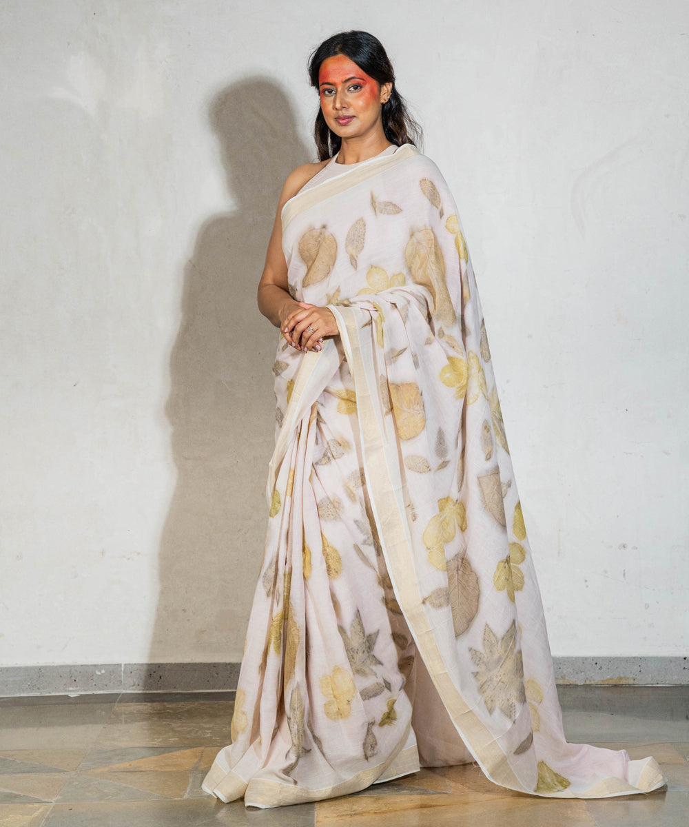 Soft milky pink hand dyed manjeestha roots cotton bio print saree