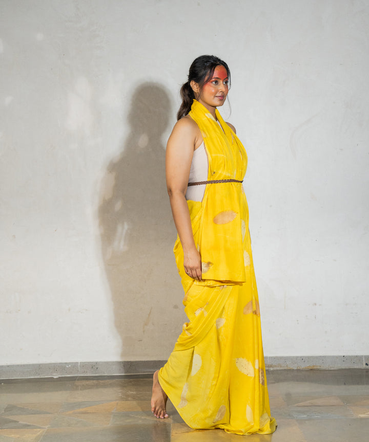 Banana yellow hand dyed jackfruit extracts cotton bio print saree