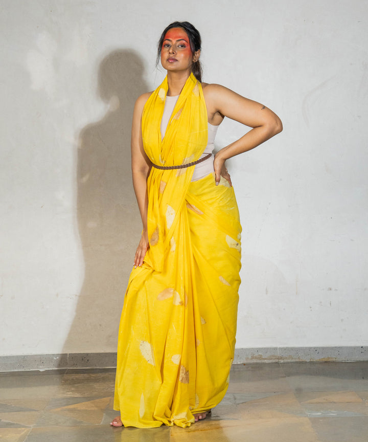 Banana yellow hand dyed jackfruit extracts cotton bio print saree