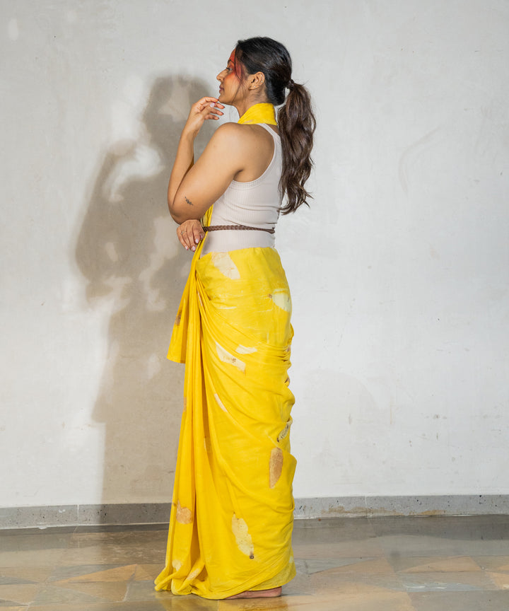 Banana yellow hand dyed jackfruit extracts cotton bio print saree