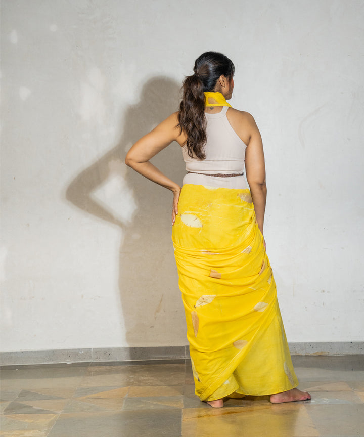 Banana yellow hand dyed jackfruit extracts cotton bio print saree