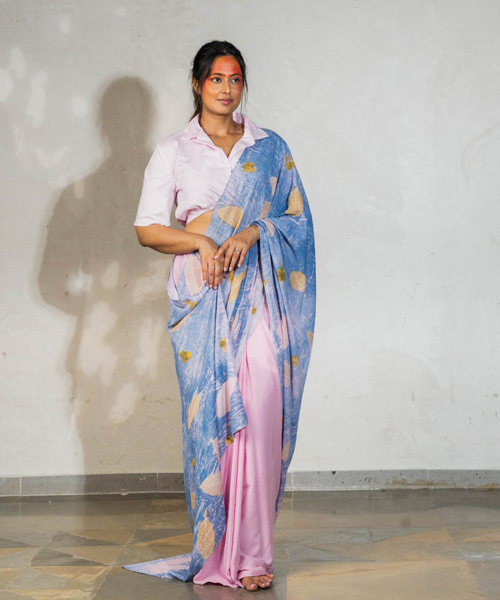 Soft cotton candy pink half-half cotton bio print saree
