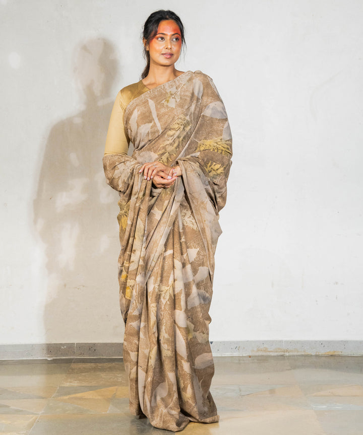 Coffee brown hand dyed coffee chikori powder cotton bio print saree