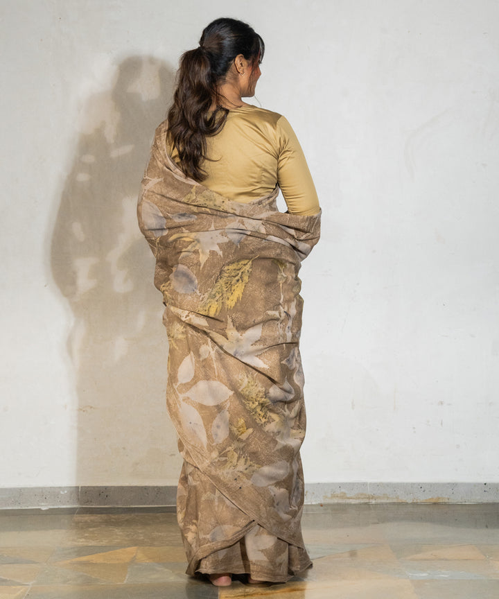 Coffee brown hand dyed coffee chikori powder cotton bio print saree