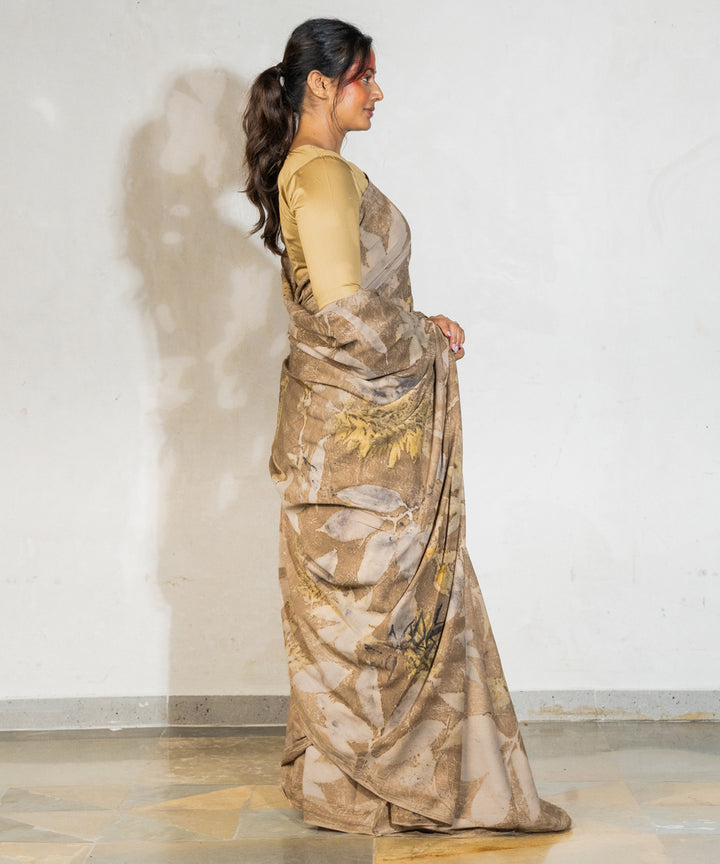 Coffee brown hand dyed coffee chikori powder cotton bio print saree