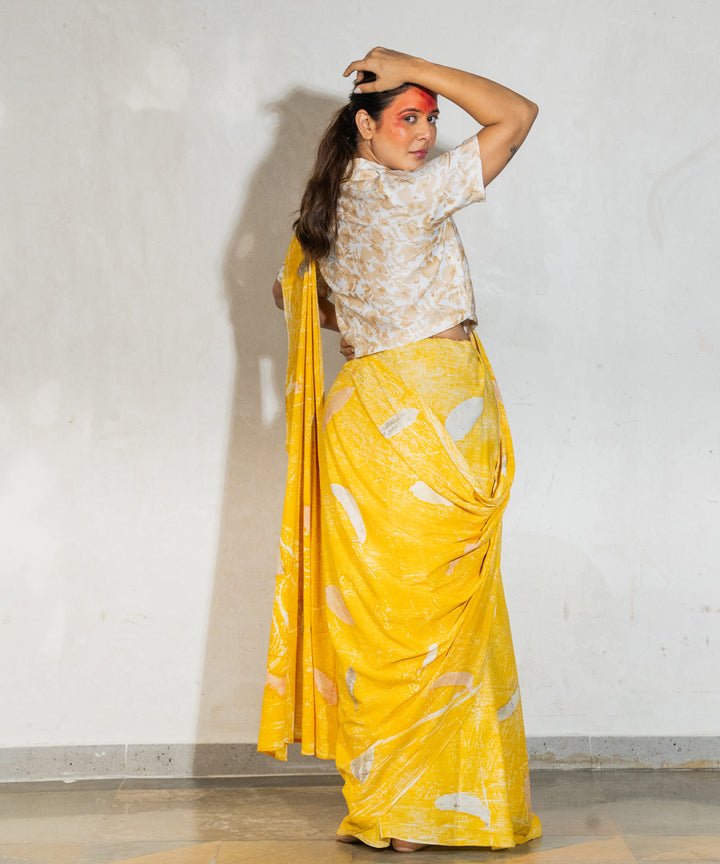 Banana yellow cotton hand dyed jackfruit extracts bio print saree