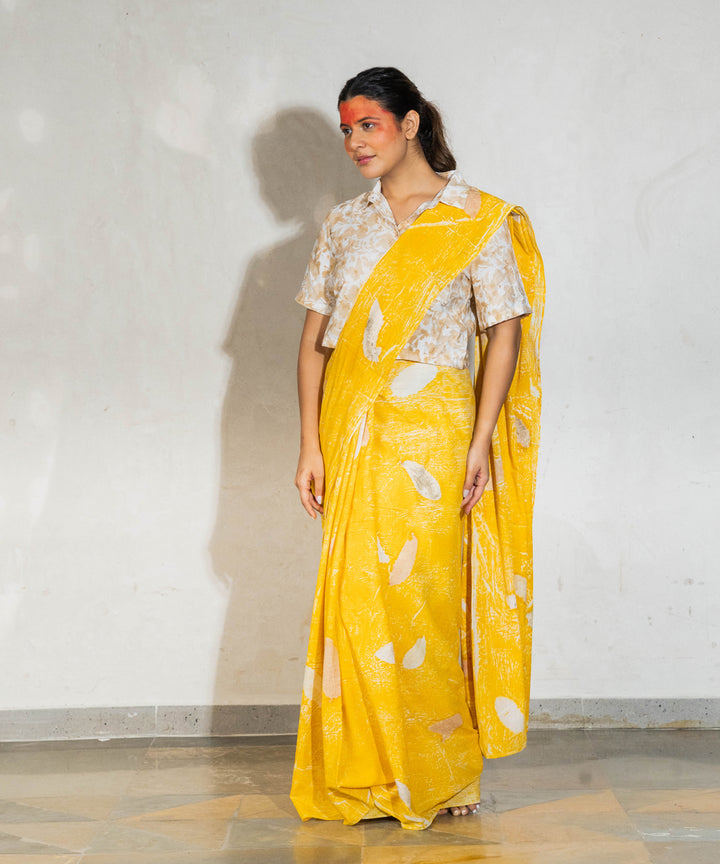 Banana yellow cotton hand dyed jackfruit extracts bio print saree