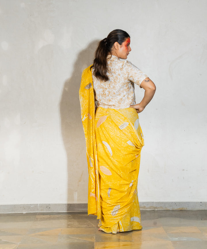 Banana yellow cotton hand dyed jackfruit extracts bio print saree