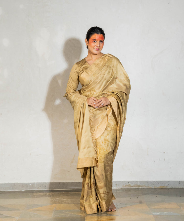 Champagne beige silk hand dyed with harde bio print saree