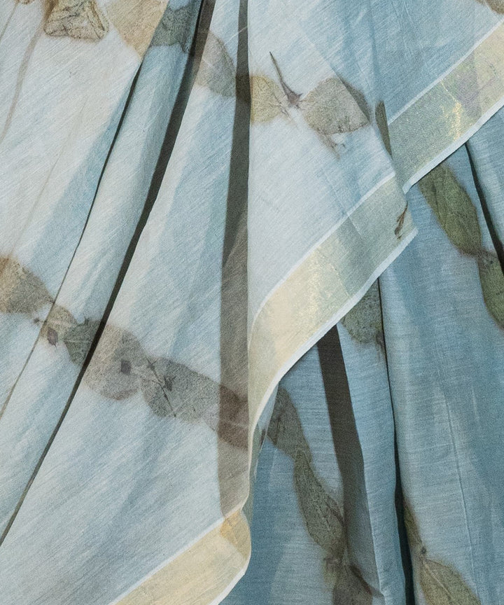 Blueish grey cotton hand dyed with iron ore indigo bio print saree