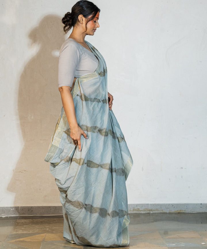 Blueish grey cotton hand dyed with iron ore indigo bio print saree