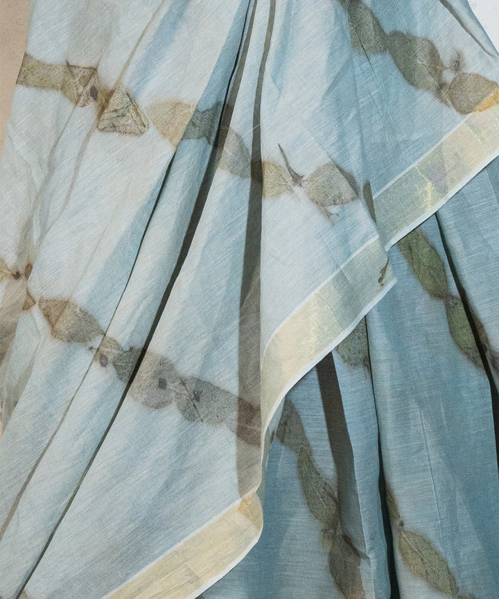 Blueish grey cotton hand dyed with iron ore indigo bio print saree