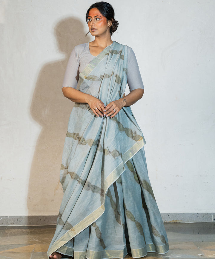 Blueish grey cotton hand dyed with iron ore indigo bio print saree