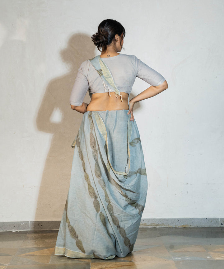 Blueish grey cotton hand dyed with iron ore indigo bio print saree