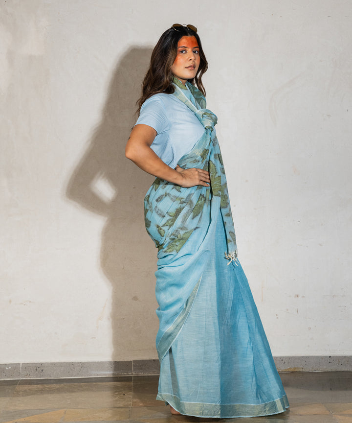 Soft indigo dyed liquid extracts of indigo cotton bio print saree