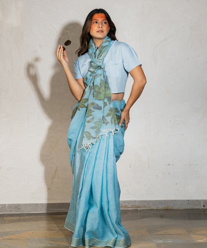 Soft indigo dyed liquid extracts of indigo cotton bio print saree