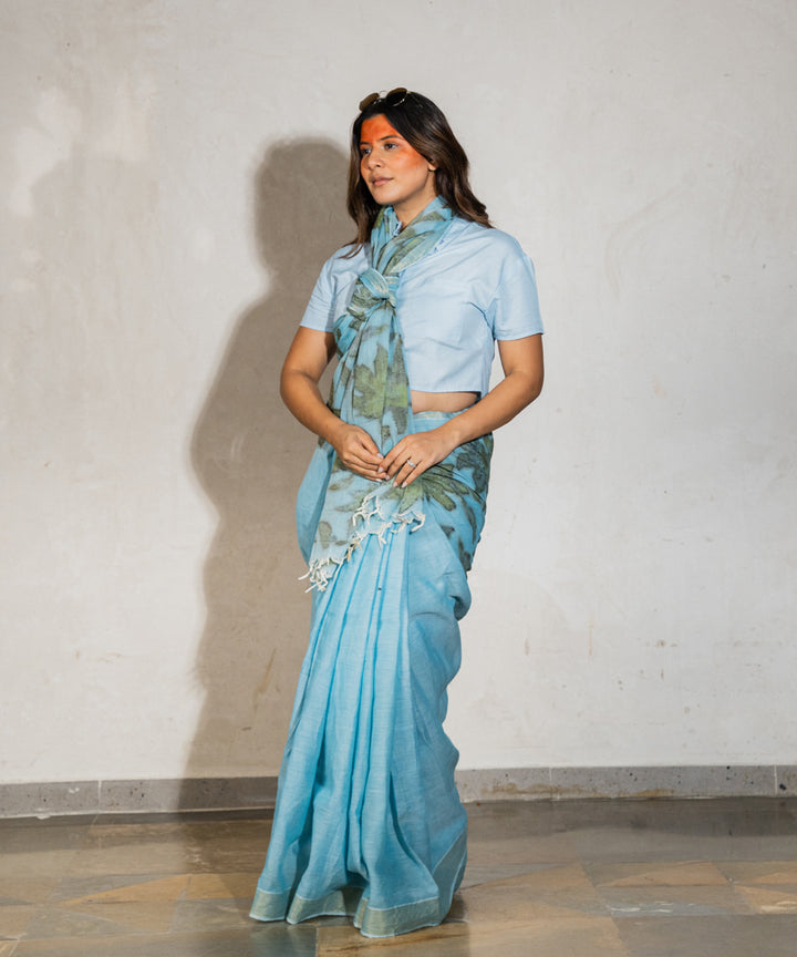 Soft indigo dyed liquid extracts of indigo cotton bio print saree