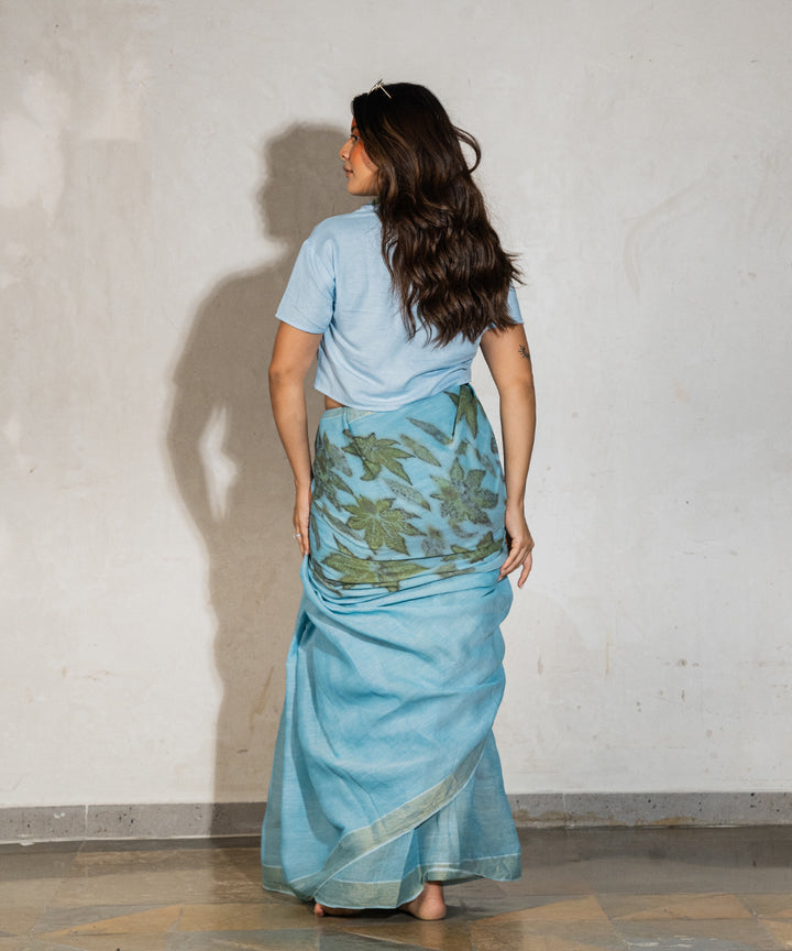 Soft indigo dyed liquid extracts of indigo cotton bio print saree
