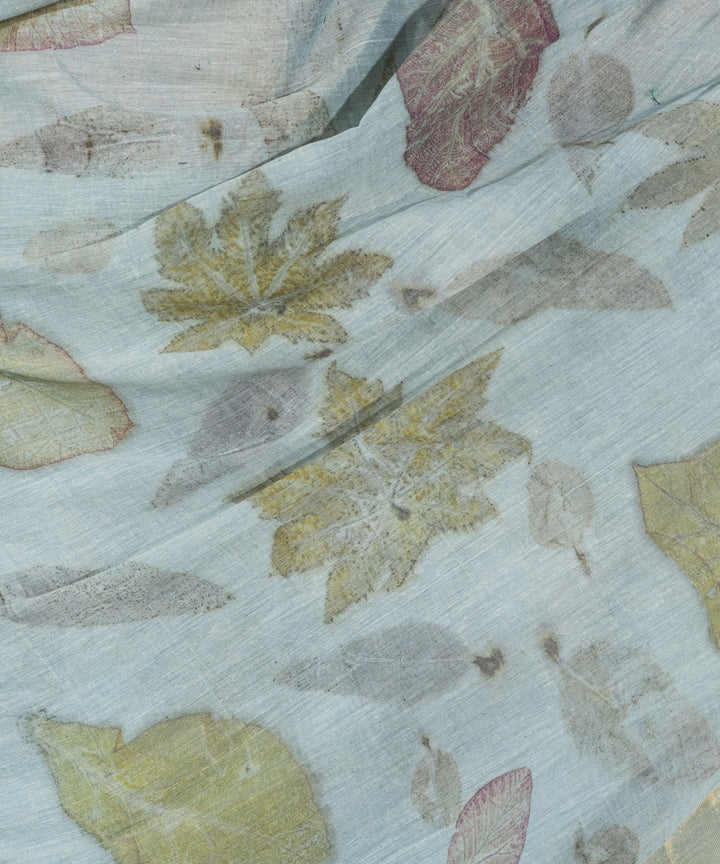 Blueish grey hand dyed iron ore indigo cotton bio print saree