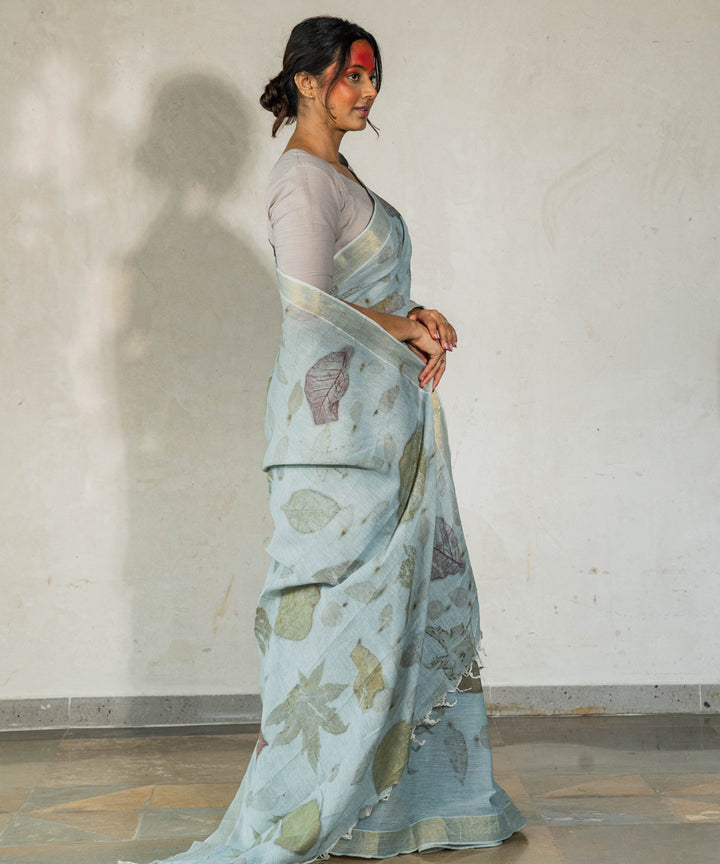 Blueish grey hand dyed iron ore indigo cotton bio print saree