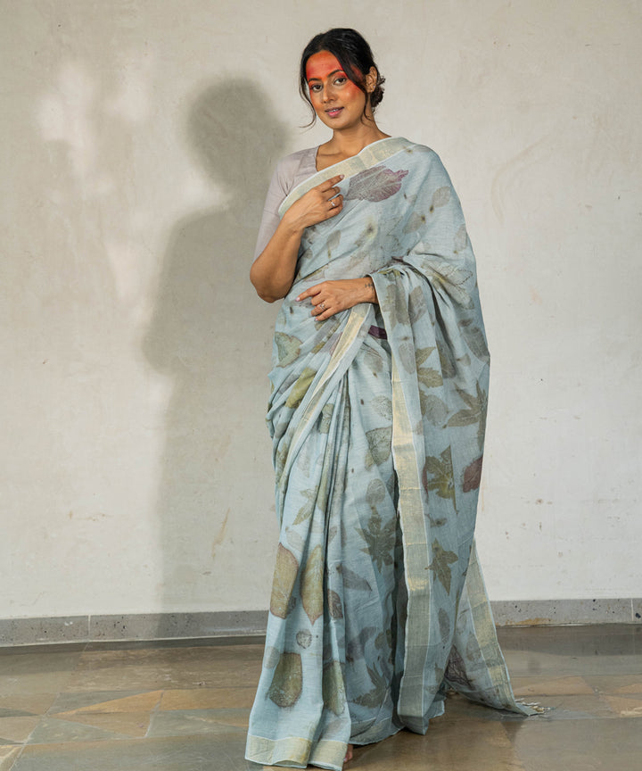 Blueish grey hand dyed iron ore indigo cotton bio print saree