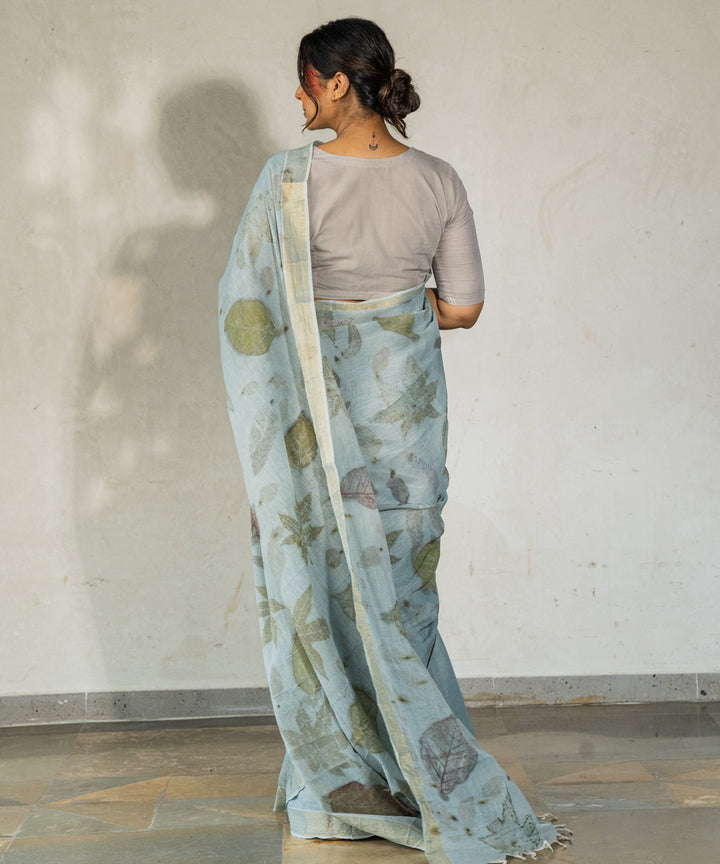Blueish grey hand dyed iron ore indigo cotton bio print saree