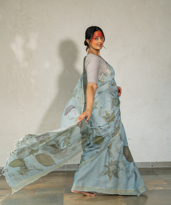 Blueish grey hand dyed iron ore indigo cotton bio print saree