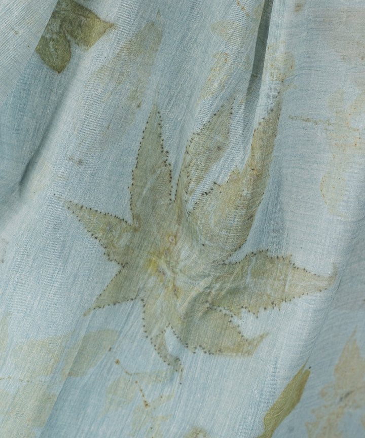 Blueish grey cotton hand dyed iron ore indigo bio print saree