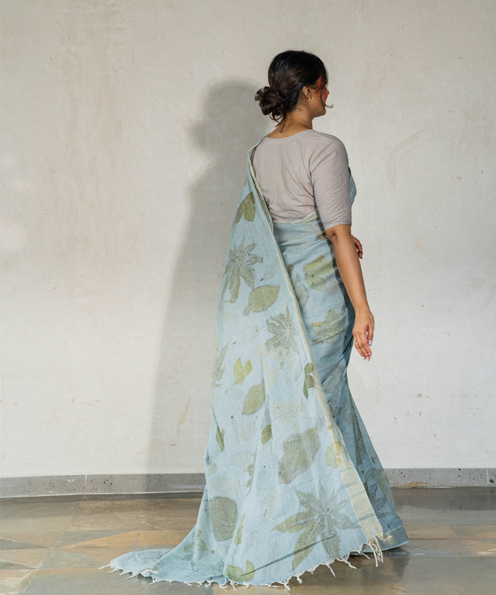 Blueish grey cotton hand dyed iron ore indigo bio print saree