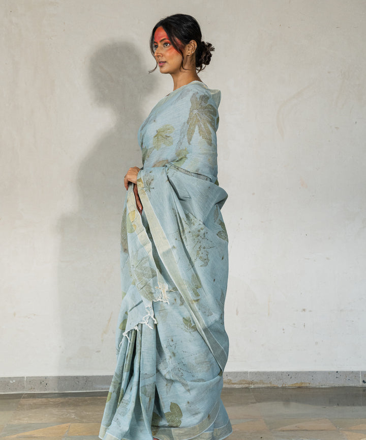 Blueish grey cotton hand dyed iron ore indigo bio print saree