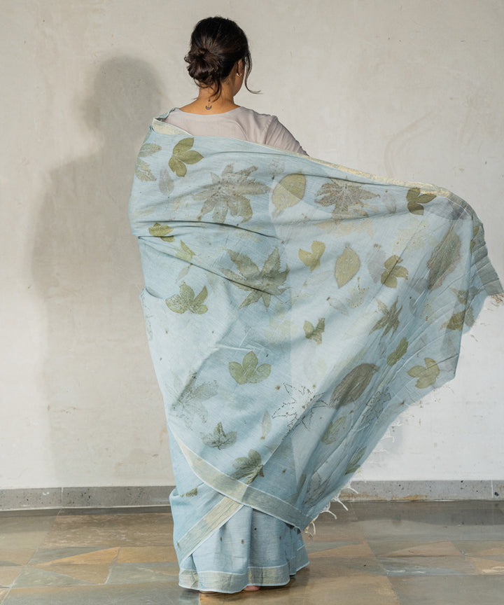 Blueish grey cotton hand dyed iron ore indigo bio print saree
