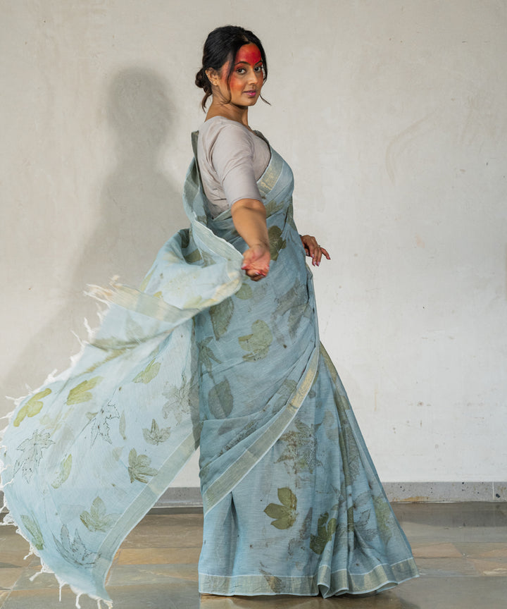 Blueish grey cotton hand dyed iron ore indigo bio print saree