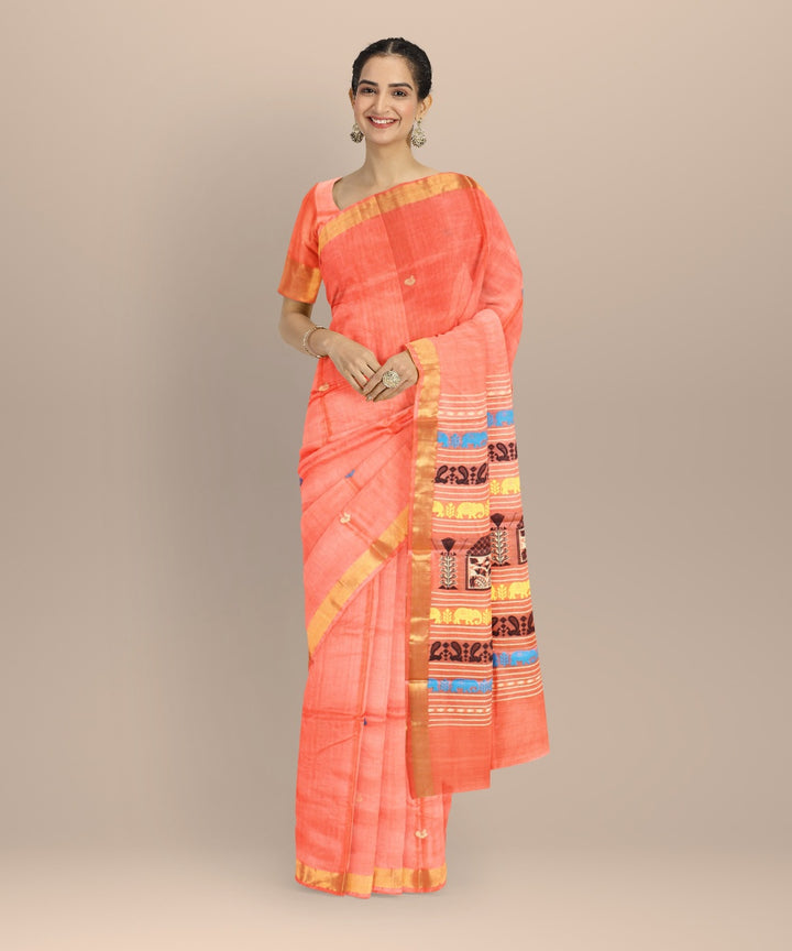 Orange black cyan golden tussar silk handwoven chhattisgarh saree