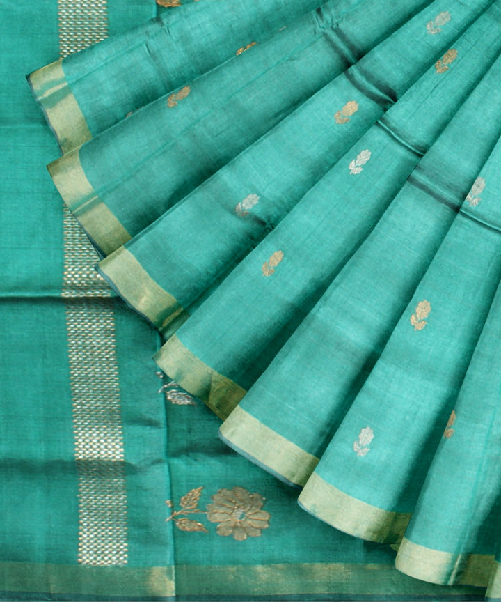 Cyan green silver tussar silk handwoven chhattisgarh saree