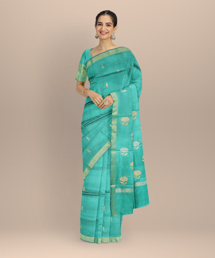 Cyan green silver tussar silk handwoven chhattisgarh saree
