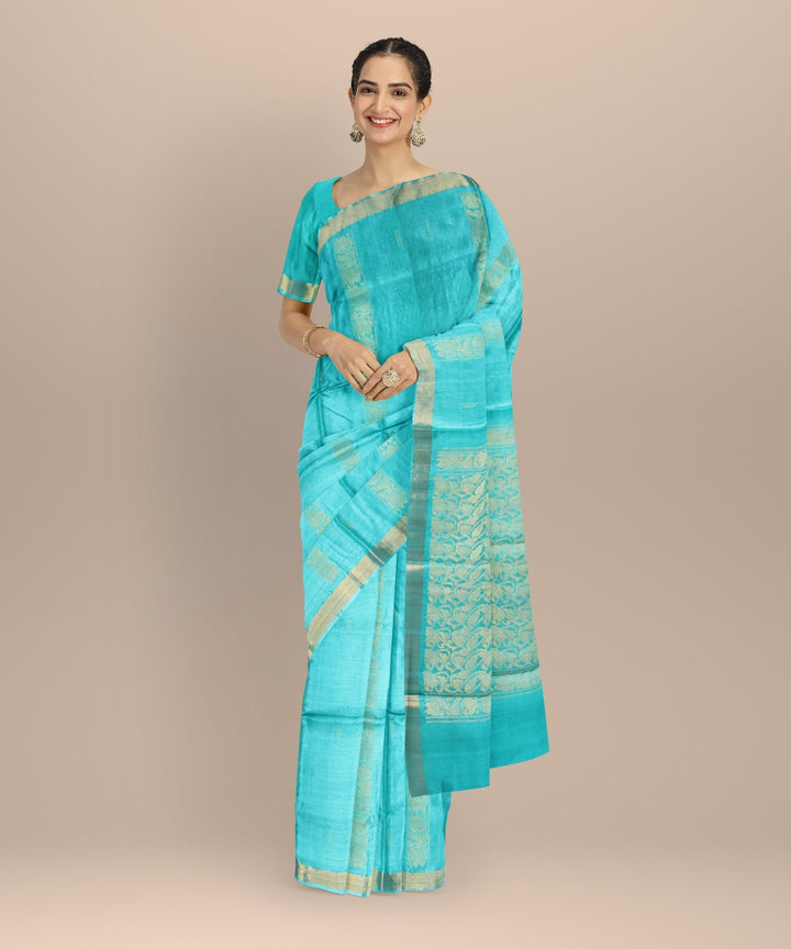 Cyan green tussar silk handwoven chhattisgarh saree