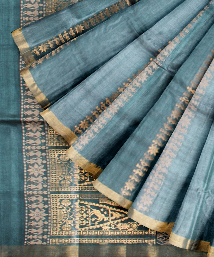 Turquoise handwoven tussar silk chhattisgarh saree