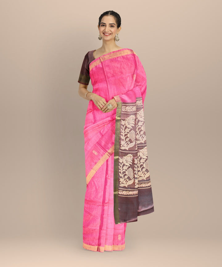 Pink tussar silk hand woven chhattisgarh saree