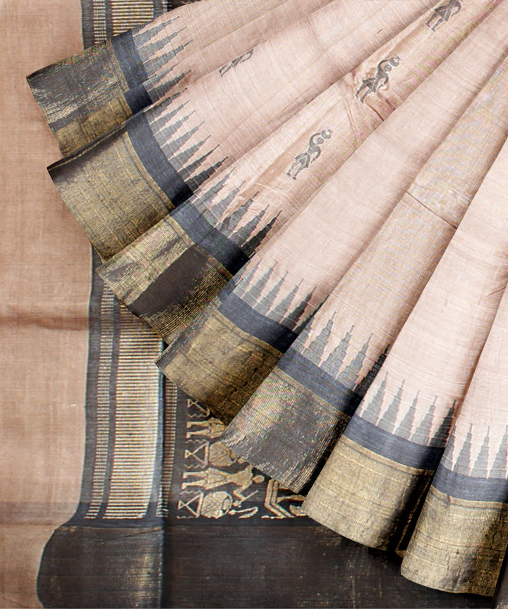Beige black tussar silk handwoven chhattisgarh saree