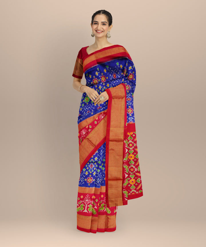Navy blue red handloom pochampally ikat silk saree