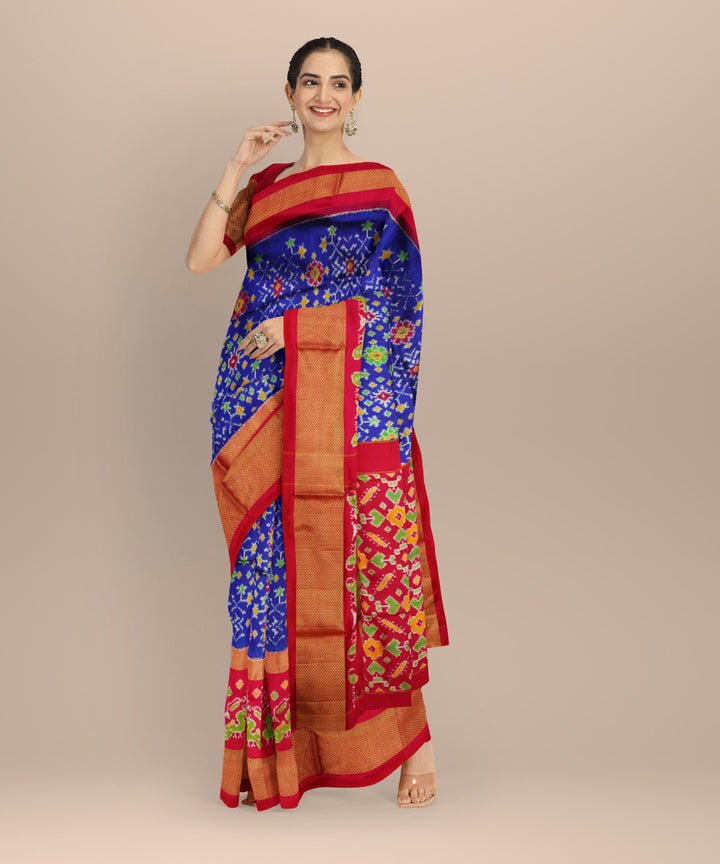 Navy blue red handloom pochampally ikat silk saree