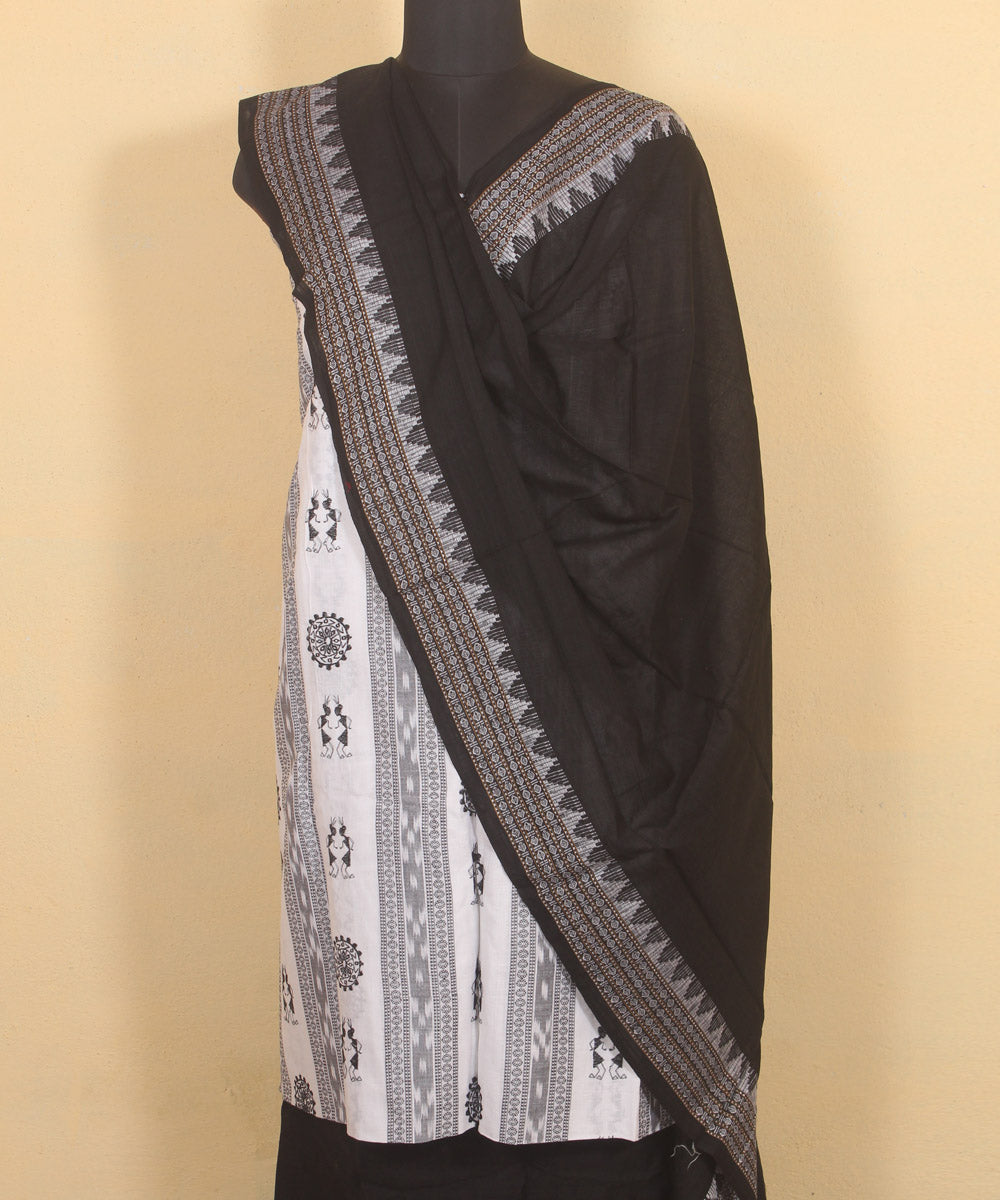 Offwhite black cotton handwoven sambalpuri dress material