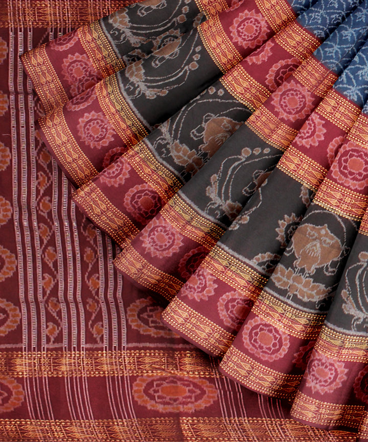 Maroon teal blue cotton handloom sambalpuri saree