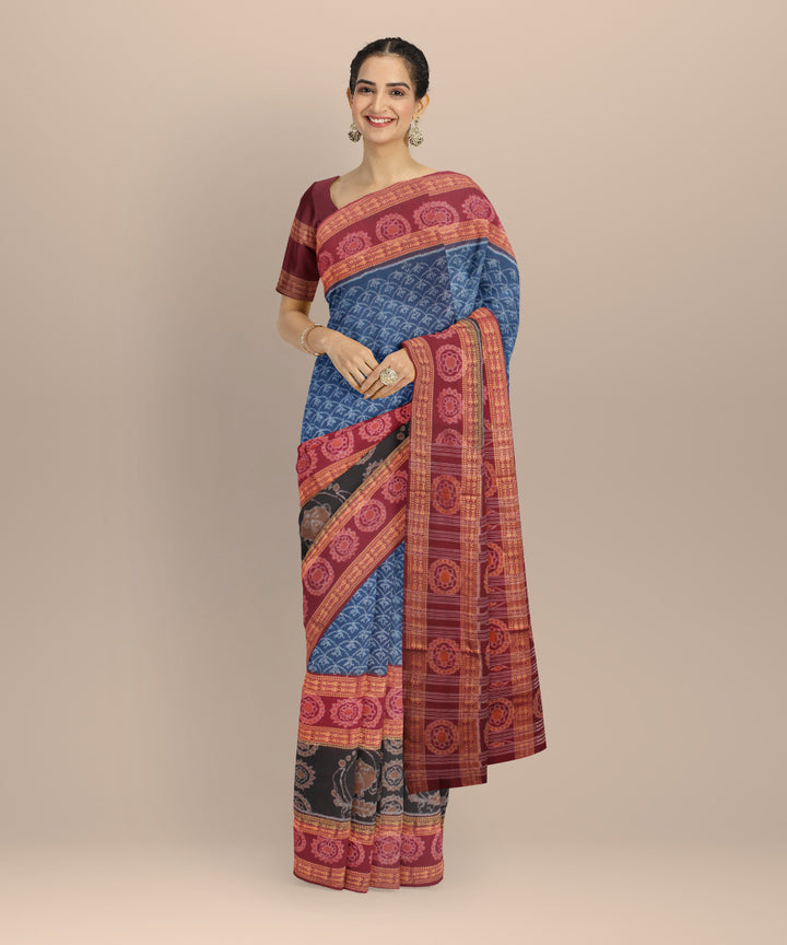 Maroon teal blue cotton handloom sambalpuri saree