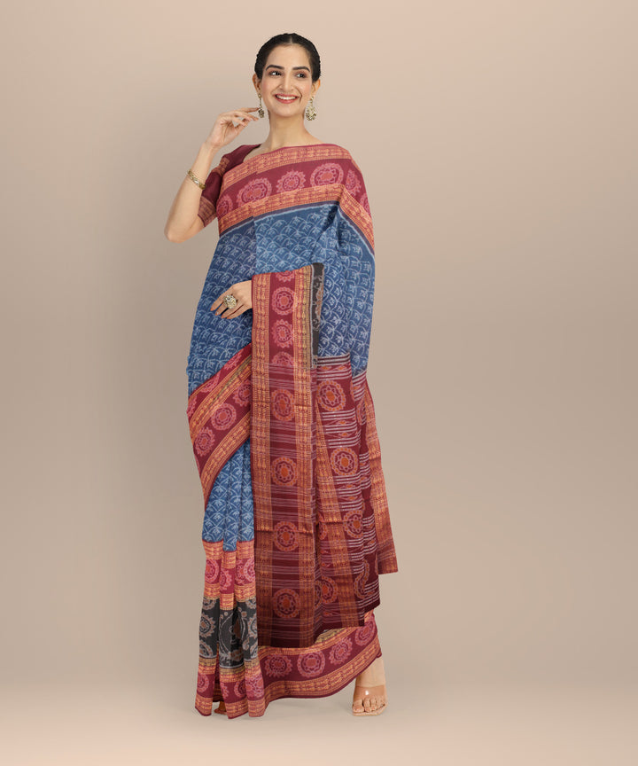 Maroon teal blue cotton handloom sambalpuri saree