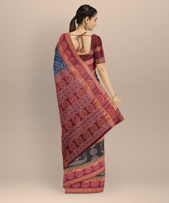 Maroon teal blue cotton handloom sambalpuri saree